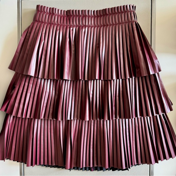 Anthropologie TIERED FAUX LEATHER MINI SKIRT | Color Plum | Size XS - Picture 2 of 8